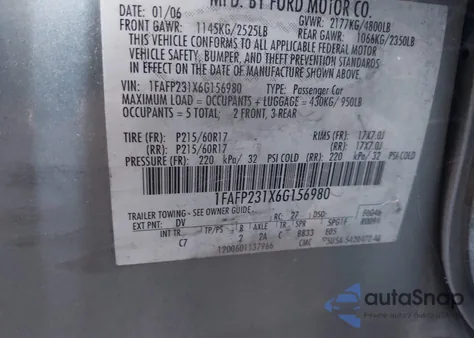 2006 Ford Five Hundred Se from USA, damaged, VIN 1FAFP231X6G156980